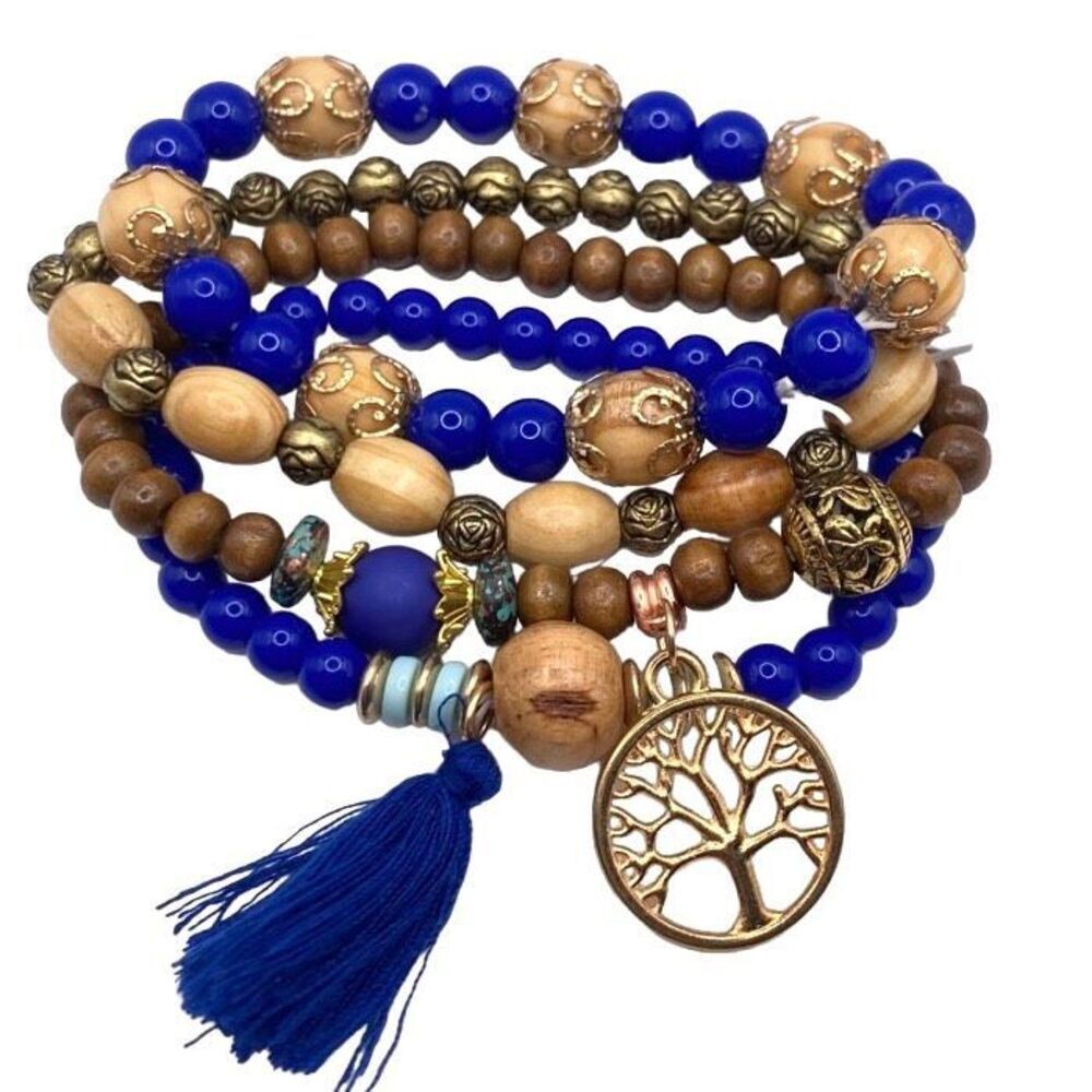 Set of 4 boho acrylic and wooden bead stretch bracelet